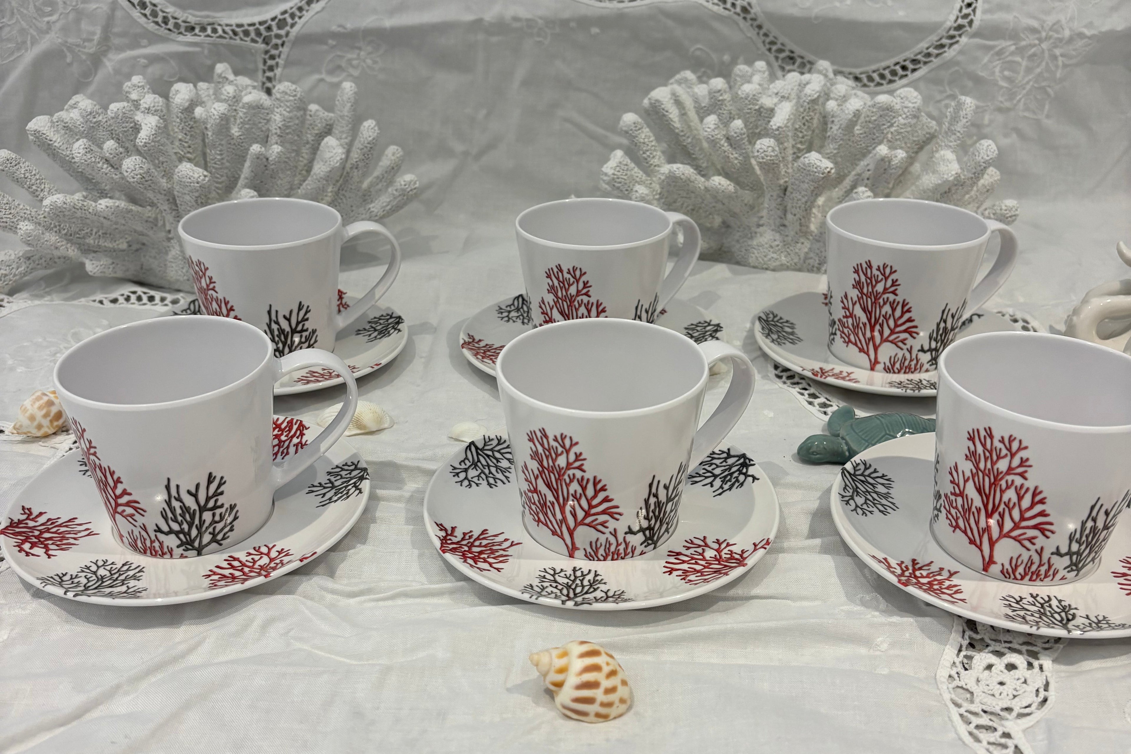 Service à Café Corail 12 Pièces en Mélamine – 6 Tasses & 6 Soucoupes