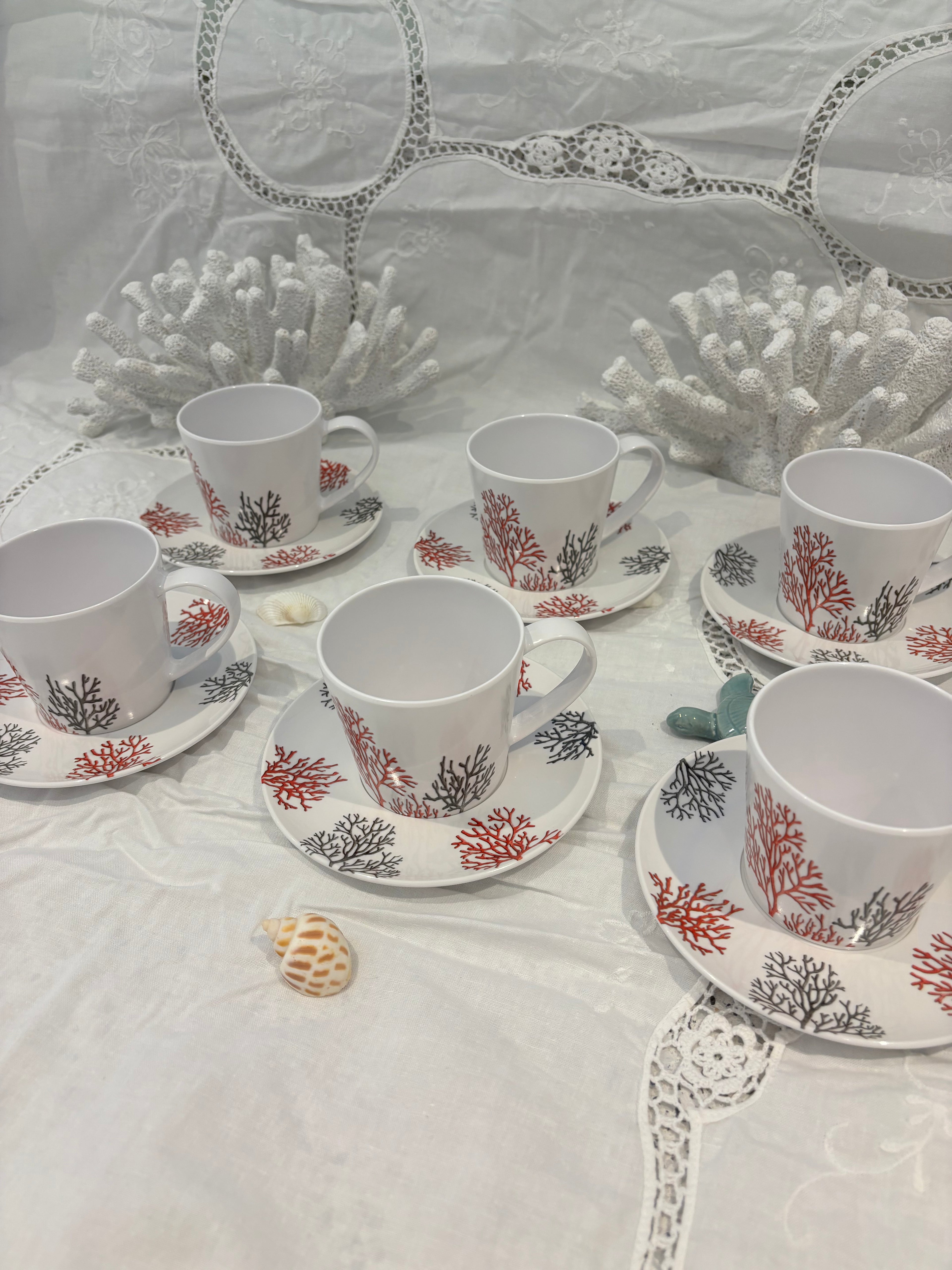 Service à Café Corail 12 Pièces en Mélamine – 6 Tasses & 6 Soucoupes