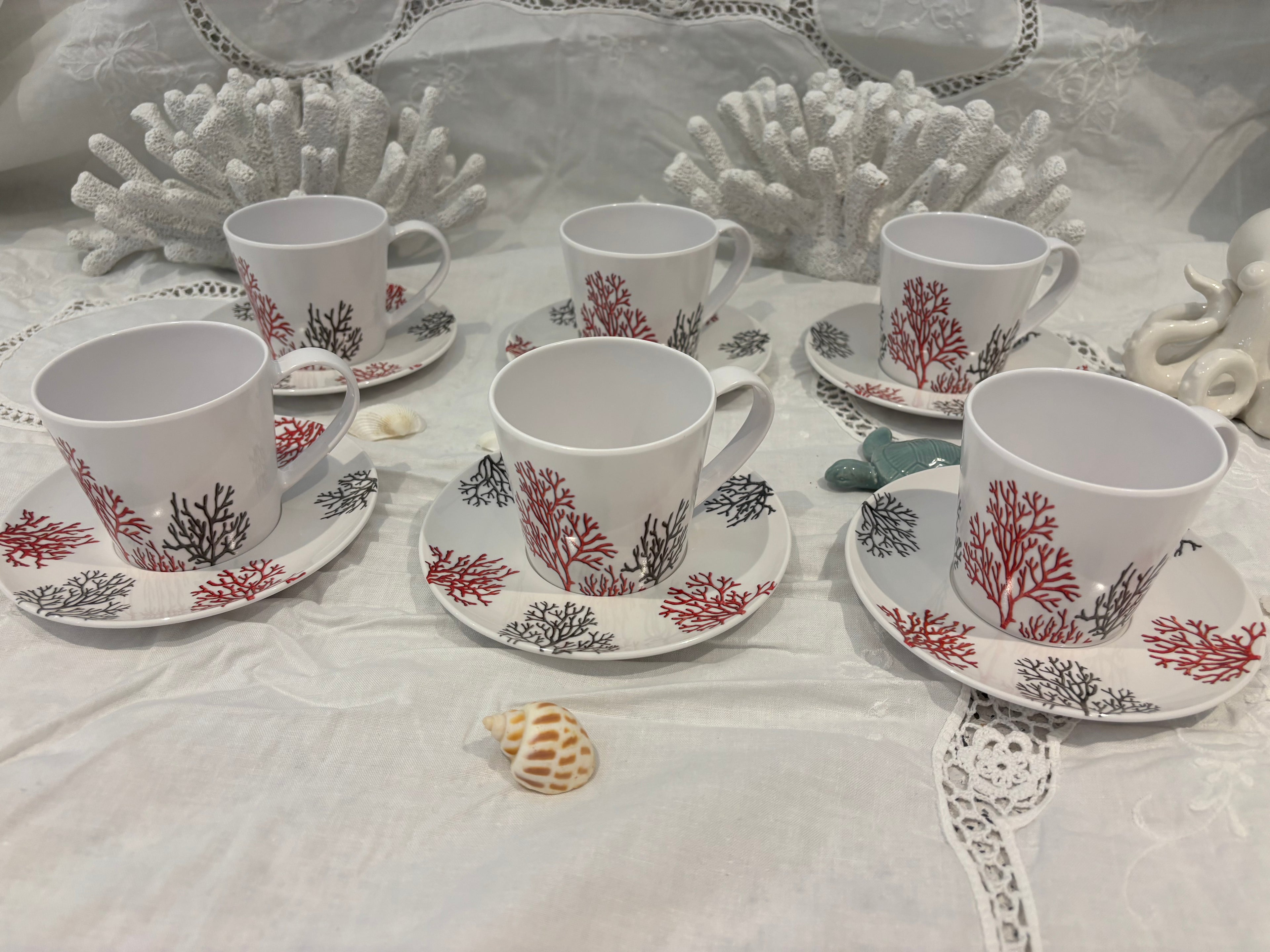 Service à Café Corail 12 Pièces en Mélamine – 6 Tasses & 6 Soucoupes