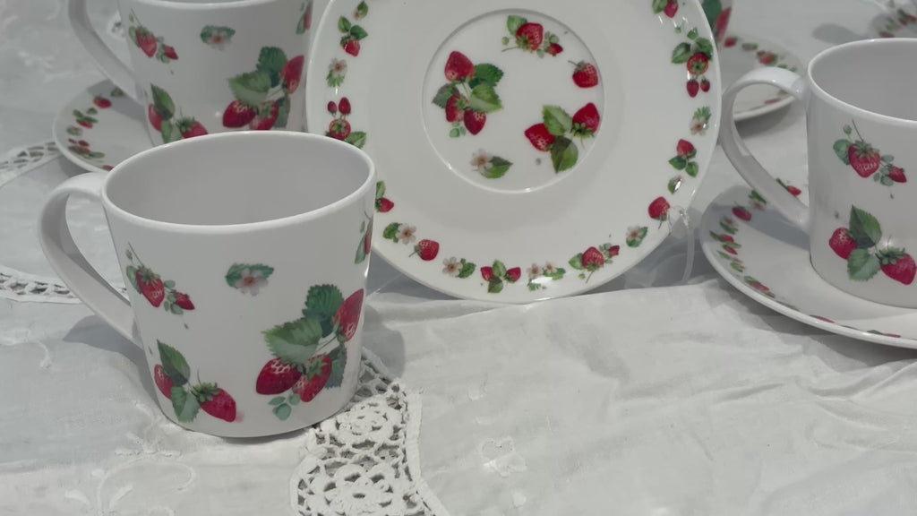 Service à Café Fraise 12 Pièces en Mélamine – 6 Tasses & 6 Soucoupes