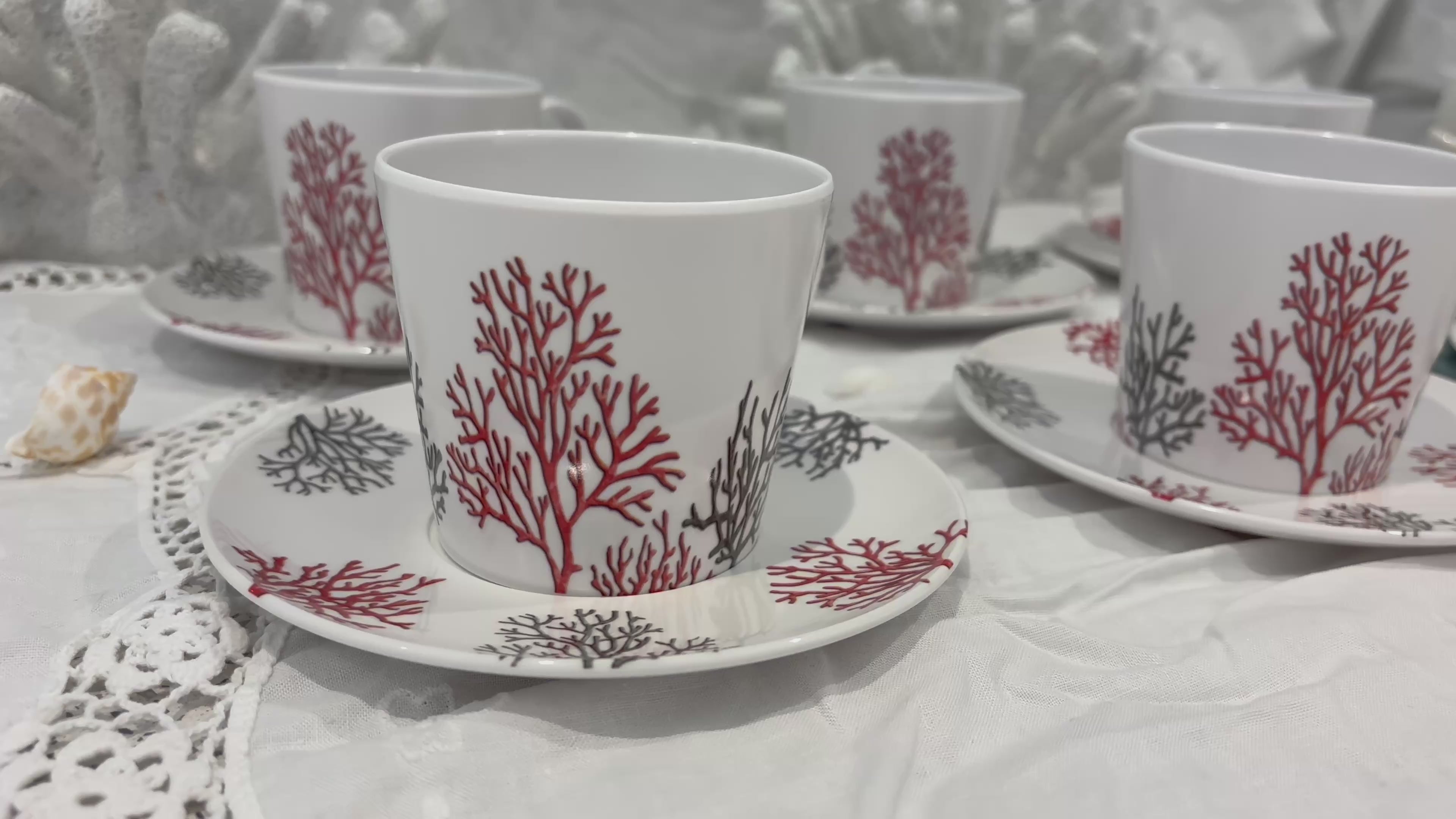 Service à Café Corail 12 Pièces en Mélamine – 6 Tasses & 6 Soucoupes